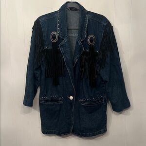Dark Blue Denim Fringe Jean Jacket with Decorative Conchos